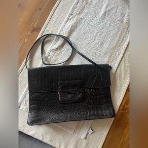 Furla Black Croc-Embossed Leather Shoulder Clutch Bag